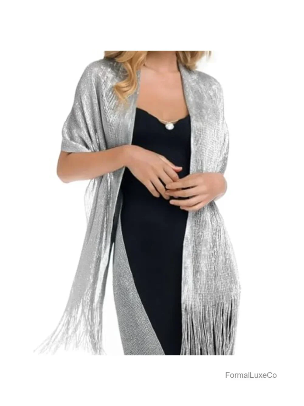 Women's Silver Glitter Fringe Shawl Wrap for Evening Dresses Bridal Capelet